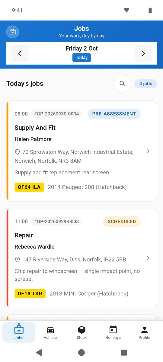 The Android fitter app showing four assigned jobs for today