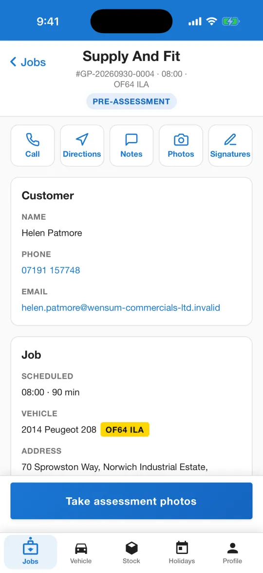 The iPhone fitter app showing a job's customer, vehicle and quick actions