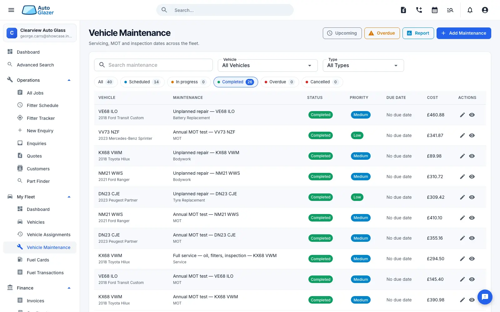 Vehicle maintenance history across the fleet, listing MOTs, services and repairs with the vehicle, status, priority and cost, and filters for scheduled, completed and overdue work