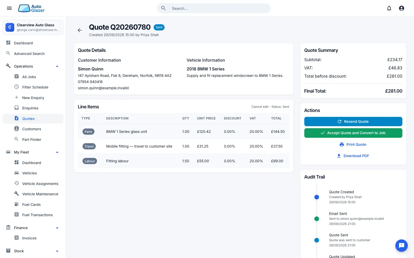 A sent quote with parts, travel and labour line items, VAT totals and a button to accept it and convert it to a job