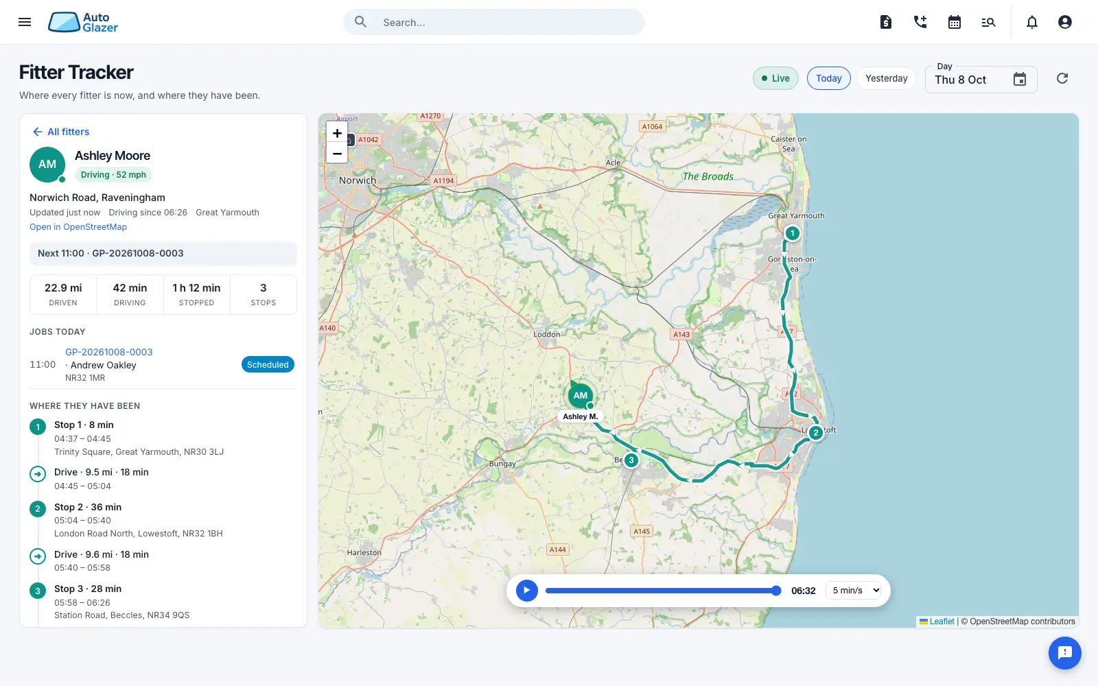 One fitter's day in the Fitter Tracker: a route along the roads from Great Yarmouth to Lowestoft and Beccles, with numbered stops, miles driven, driving and stopped time, and a replay bar