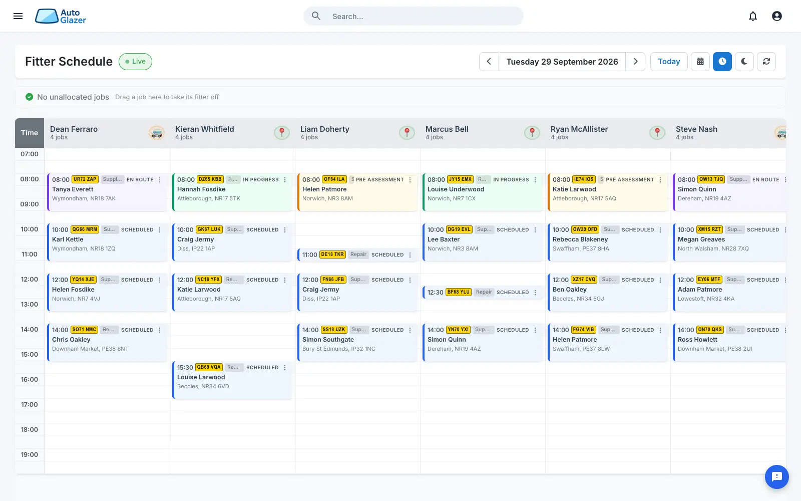 A busy fitter schedule showing six fitters' jobs for the day, with en-route, pre-assessment and in-progress work and live location markers