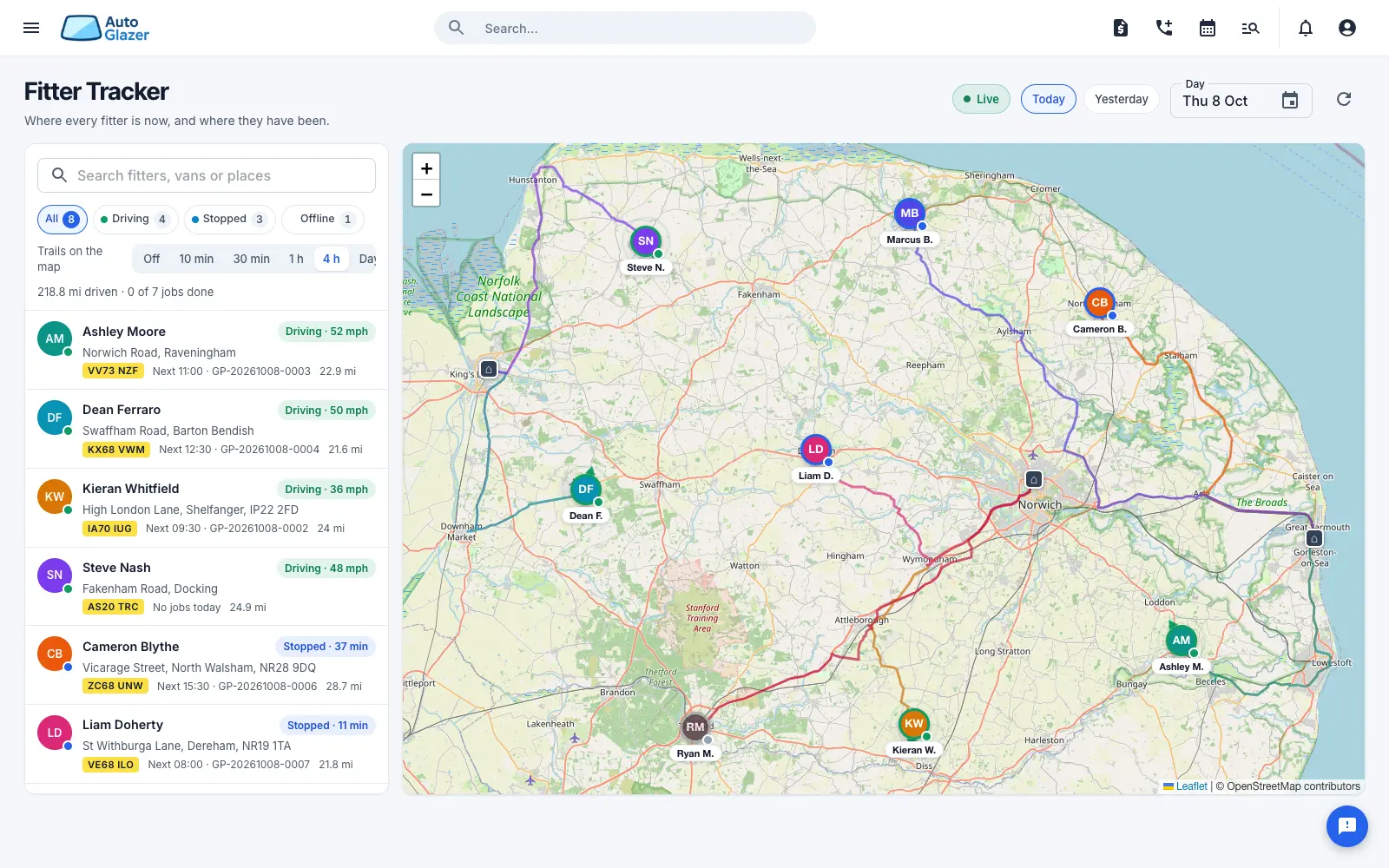 The Fitter Tracker: a map of eight fitters across Norfolk with their routes along the roads, and a list showing who is driving, stopped or offline, their vans and next jobs